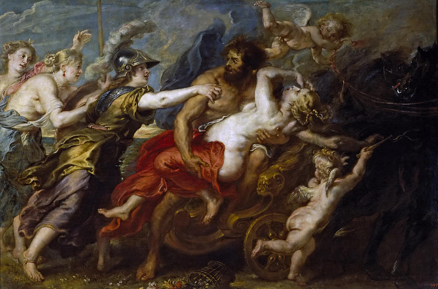 Baroque painting of Pluto in a chariot dragging away the nude Proserpina as armored and half-draped women try to pull her back, winged putti hover above, and black horses surge toward a dark, smoky entrance to the underworld.