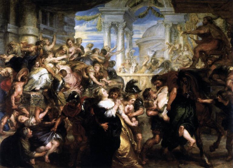 Large Baroque painting by Peter Paul Rubens showing chaotic scene of Roman soldiers forcibly carrying off Sabine women in front of grand classical buildings, with twisting bodies, anguished faces, and armored figures filling the foreground under an open sky.