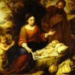 Baroque painting of the Holy Family resting during the Flight into Egypt, with Mary seated beside the sleeping Christ Child on a rock, Joseph standing behind them, a donkey to the right and two small angels embracing on the left in a warm golden landscape.