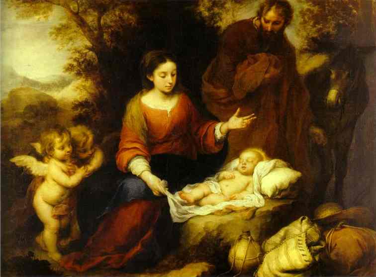 Baroque painting of the Holy Family resting during the Flight into Egypt, with Mary seated beside the sleeping Christ Child on a rock, Joseph standing behind them, a donkey to the right and two small angels embracing on the left in a warm golden landscape.