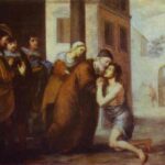 Baroque painting of the prodigal son in rags kneeling on a street as his elderly father bends to embrace him at the doorway of a house, with family members and servants watching in the background and an archway opening to a distant street.