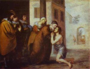 Baroque painting of the prodigal son in rags kneeling on a street as his elderly father bends to embrace him at the doorway of a house, with family members and servants watching in the background and an archway opening to a distant street.