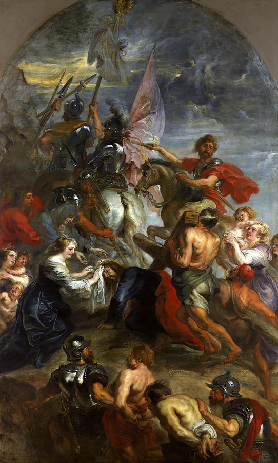 Baroque painting by Peter Paul Rubens showing a crowded procession on the way to Golgotha, with Christ kneeling under the cross at the center, Veronica leaning forward to offer her veil, heavily armed soldiers and mounted officers driving the march, and distressed women and children surrounding the scene beneath a stormy sky.