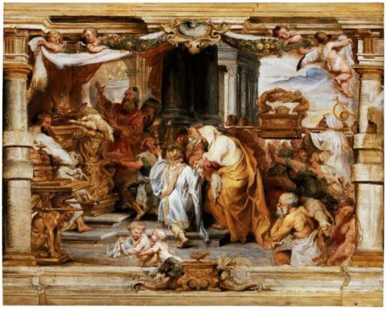 Baroque temple scene by Peter Paul Rubens showing priests offering a lamb on an ornate altar at left, the Ark of the Covenant elevated at right, trumpeters and worshippers crowding the steps, putti with garlands above, and children and elders in the foreground under monumental architecture.
