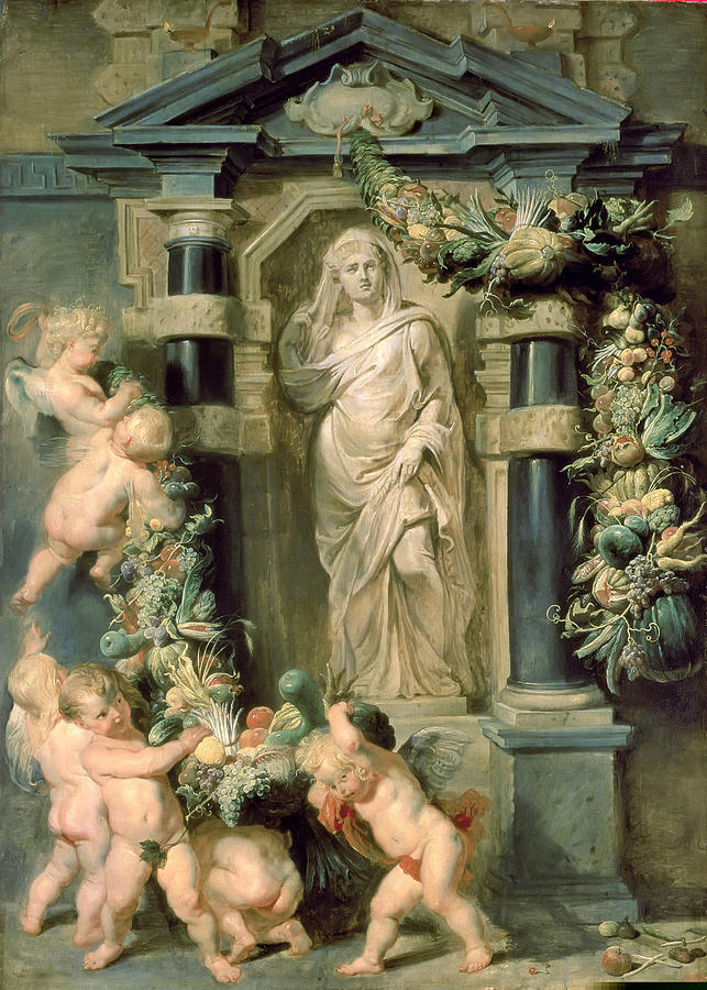 Baroque painting by Peter Paul Rubens showing a marble statue of the goddess Ceres in an architectural niche, flanked by columns and festooned with heavy garlands of fruits and vegetables carried and arranged by plump naked putti who play at the base of the shrine.