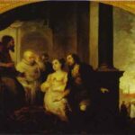 Murillo painting showing a pope and patrician couple talking inside an arched interior while, in the distance, a crowd witnesses miraculous snow on a hill, all framed by a golden decorative arch with medallions of Santa Maria Maggiore.