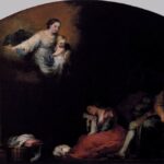 Semicircular Baroque painting of a sleeping patrician couple in a dark room while the Virgin Mary with the Christ Child appears in a glowing cloud above, with a small dog and a distant landscape completing the quiet nocturnal scene.