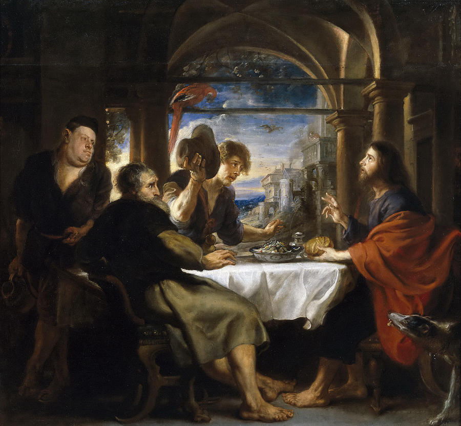 Baroque painting by Peter Paul Rubens showing Christ seated at a table in an inn with two disciples reacting in surprise as he blesses bread, while servants and a dog look on and a bright coastal landscape appears through an arched window behind them.