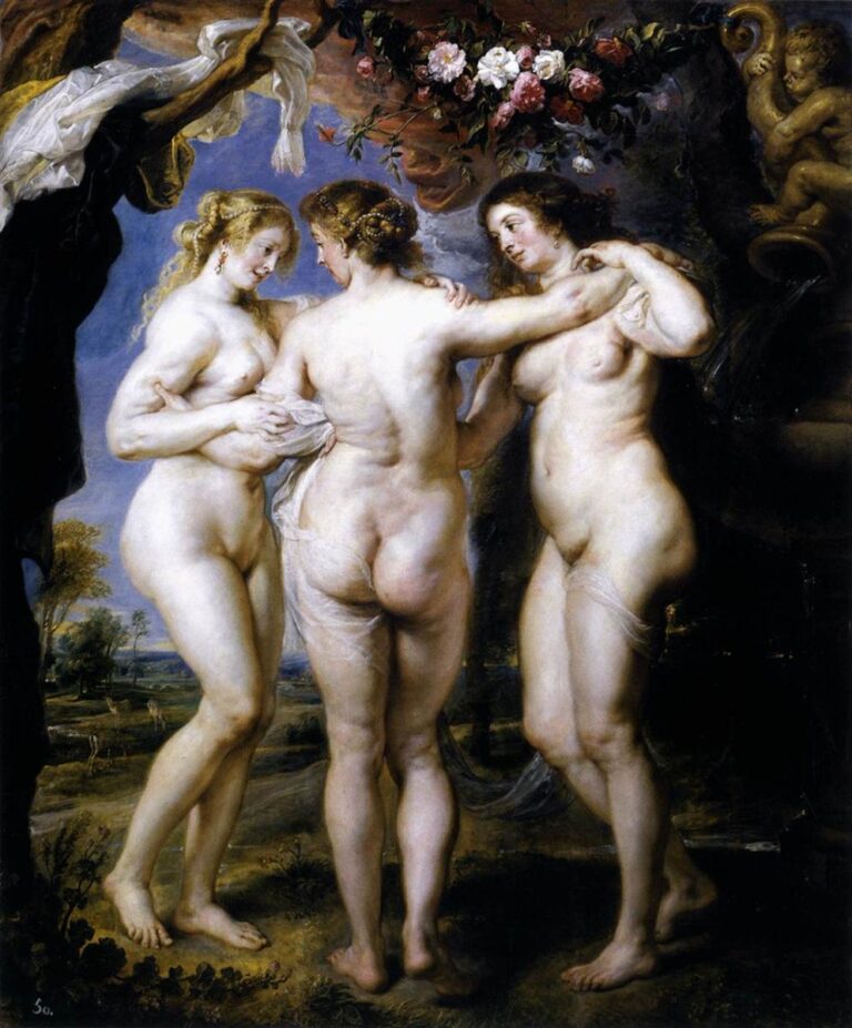 Baroque painting by Peter Paul Rubens showing three nude women standing closely intertwined in a landscape, framed by roses, drapery, and a sculpted fountain, representing the mythological Three Graces.