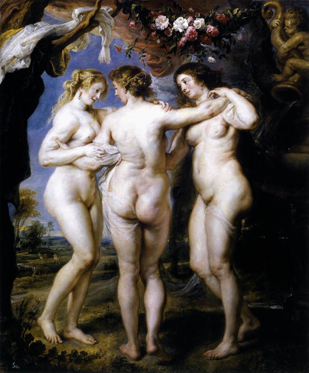 Baroque painting by Peter Paul Rubens showing three nude women standing closely intertwined in a landscape, framed by roses, drapery, and a sculpted fountain, representing the mythological Three Graces.
