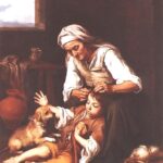 Seventeenth century painting by Bartolome Esteban Murillo showing an elderly woman carefully grooming a young boy’s hair in a simple interior while a small dog begs for the bread the child holds.