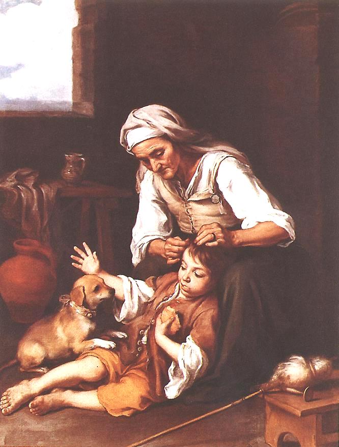 Seventeenth century painting by Bartolome Esteban Murillo showing an elderly woman carefully grooming a young boy’s hair in a simple interior while a small dog begs for the bread the child holds.