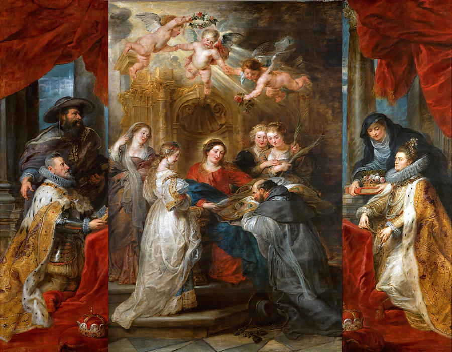 Large Baroque triptych by Peter Paul Rubens showing in the central panel the Virgin Mary seated in a gilded chapel giving a chasuble to the kneeling Saint Ildefonso, surrounded by female saints and flying cherubs, while the side panels depict Archduke Albert and Archduchess Isabella richly dressed and kneeling in devotion beneath red curtains.