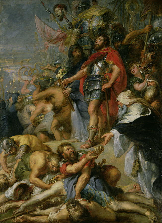 Large Baroque painting showing Judas Maccabeus in armor and a red cloak standing on a step above a heap of fallen enemies, reaching toward a priestly figure at the right, while soldiers, banners, and trophies crowd the background in a swirling scene of triumph.