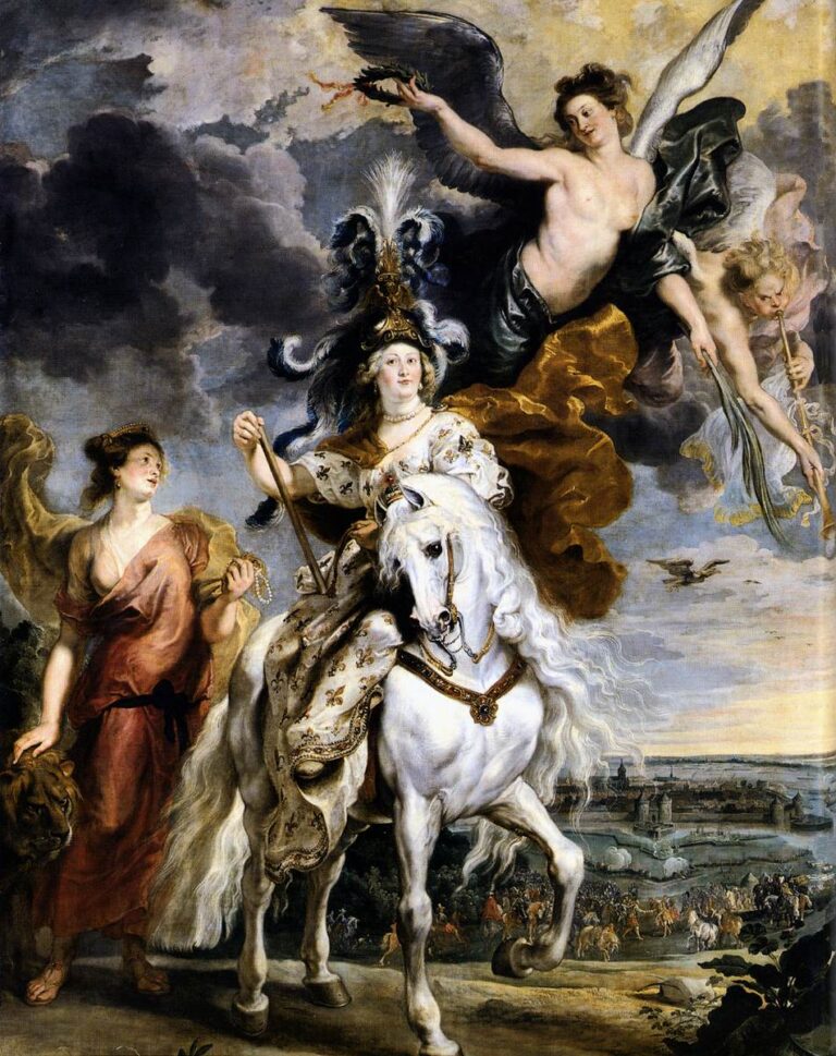 Allegorical state portrait by Peter Paul Rubens showing a female regent on a rearing white horse, crowned from the clouds by winged Victory while Fame sounds a trumpet; a companion with a lion walks beside her and a distant fortified city and troops spread across the horizon under a dramatic sky.