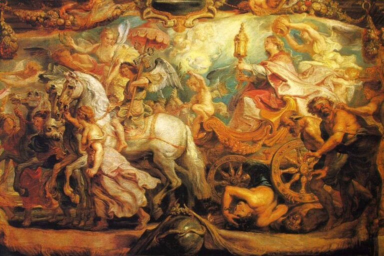 Baroque allegory by Peter Paul Rubens showing the personified Church enthroned on a gilded chariot, monstrance raised, drawn by rearing white horses amid angels and putti, with defeated foes beneath the wheels in a golden, swirling light.