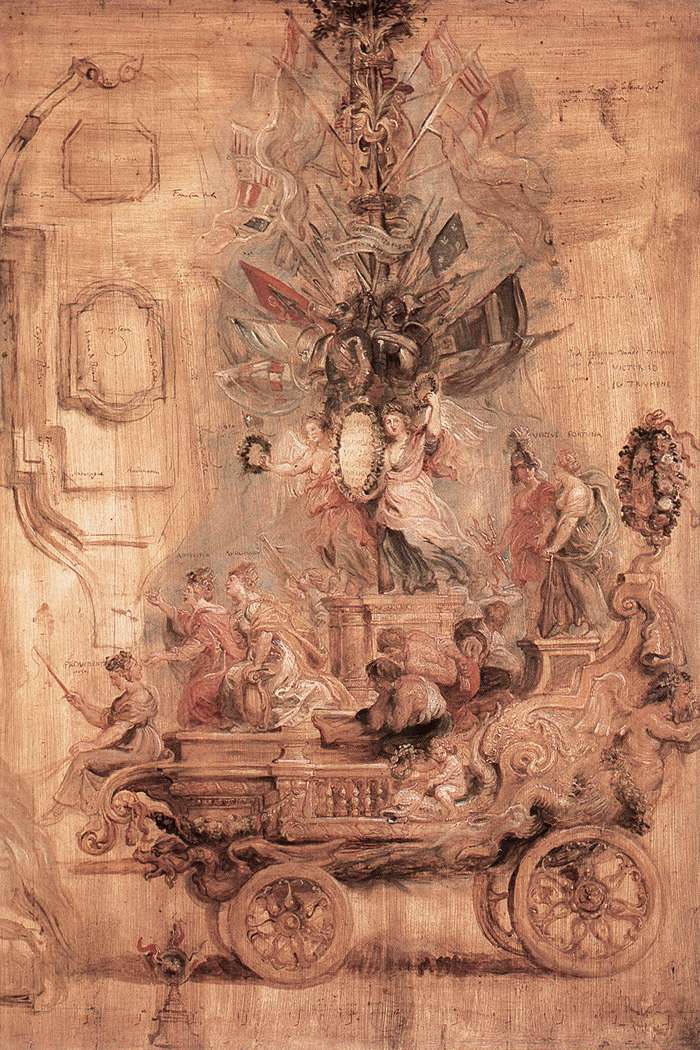 Vertical Baroque oil sketch by Peter Paul Rubens showing a richly carved triumphal car on large wheels, crowded with allegorical figures and putti, topped by a tall cluster of flags, armor, and a central cartouche, all painted in loose warm tones on a light ground.