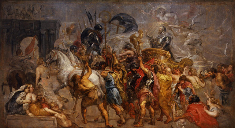 Sweeping Baroque scene by Peter Paul Rubens of Henry IV entering Paris in triumph: a gilded chariot bearing the king moves through a dense crowd with a white horse and raised standards, while Victory figures and angels hover in a turbulent sky beside a triumphal arch.