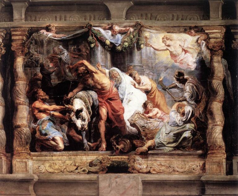 Baroque painting by Peter Paul Rubens showing a tumultuous sacrificial scene inside a carved architectural frame, with a bull restrained at the altar, a priest in white lit from the right, descending allegorical figures of Faith, and torch-bearing figures recoiling into shadow.