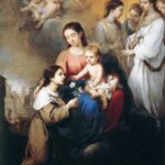 Baroque painting of the Virgin Mary seated with the Christ Child on her lap, accepting flowers from kneeling St Rosalina, surrounded by angels in a warm golden sky.