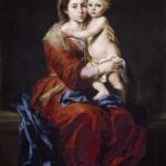 Baroque painting by Murillo showing the Virgin Mary seated in red and blue garments, holding the nude Christ Child on her lap as he clings to her neck and holds a rosary, both figures facing the viewer against a dark background.