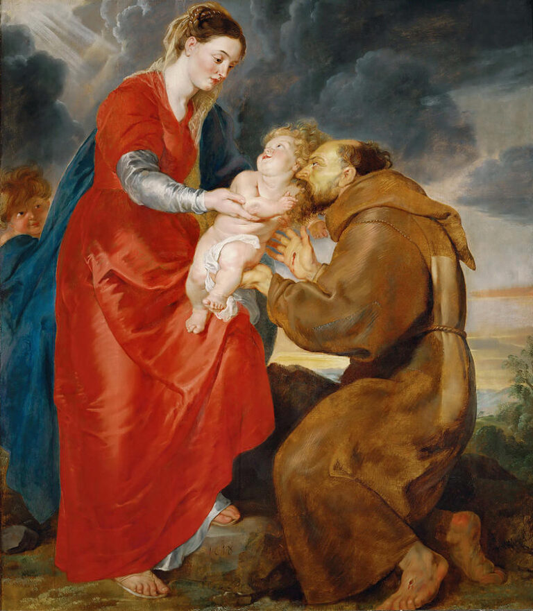 Painting of the Virgin Mary in a red dress holding the infant Jesus out to a kneeling Saint Francis in a brown habit, set against dark clouds with rays of light and a distant landscape.