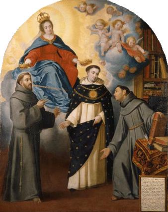 Painting by Bartolomé Esteban Murillo showing the crowned Virgin Mary on clouds with cherubs above three friars below, Saint Thomas Aquinas in a star dotted Dominican cloak flanked by two Franciscans, one identified as Fray Lauterio beside a lectern and books, illustrating his mystical vision.