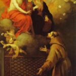 Baroque painting by Bartolome Esteban Murillo showing St Francis kneeling before an apparition of Christ and the Virgin Mary on glowing clouds, surrounded by cherubs and scattered white roses.