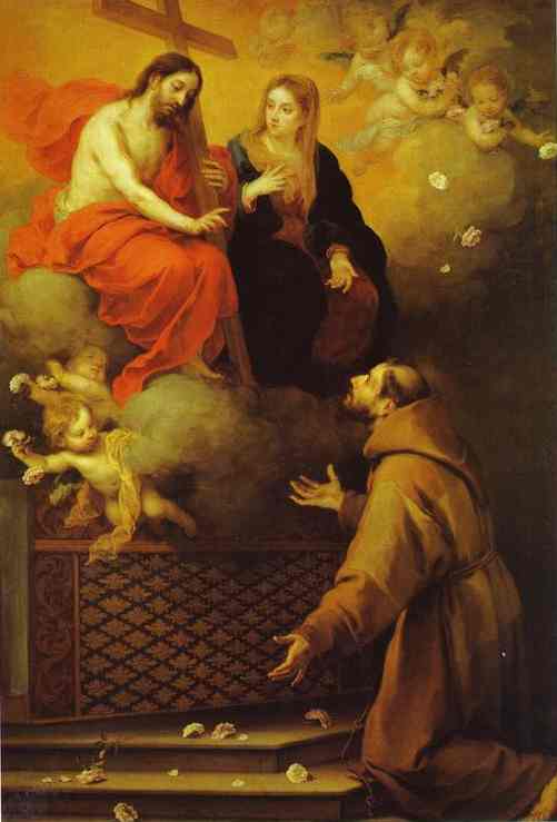 Baroque painting by Bartolome Esteban Murillo showing St Francis kneeling before an apparition of Christ and the Virgin Mary on glowing clouds, surrounded by cherubs and scattered white roses.