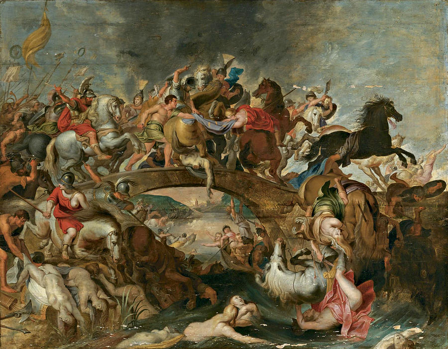 Baroque painting by Peter Paul Rubens showing Theseus leading Athenian soldiers on horseback against Amazons on a crowded stone bridge, with rearing horses, falling warriors, and drowning figures in a turbulent river beneath a dramatic sky.