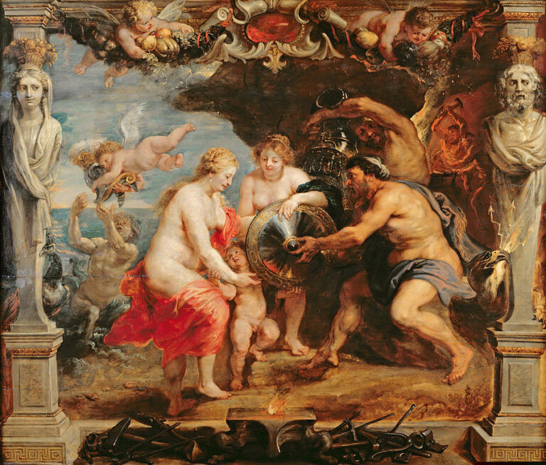 Baroque painting by Peter Paul Rubens showing the nude sea nymph Thetis and her attendants receiving a large round shield and armor from the muscular god Vulcan, surrounded by putti, Nereids, and an ornate architectural frame, with glowing metal and flowing red drapery dominating the scene.