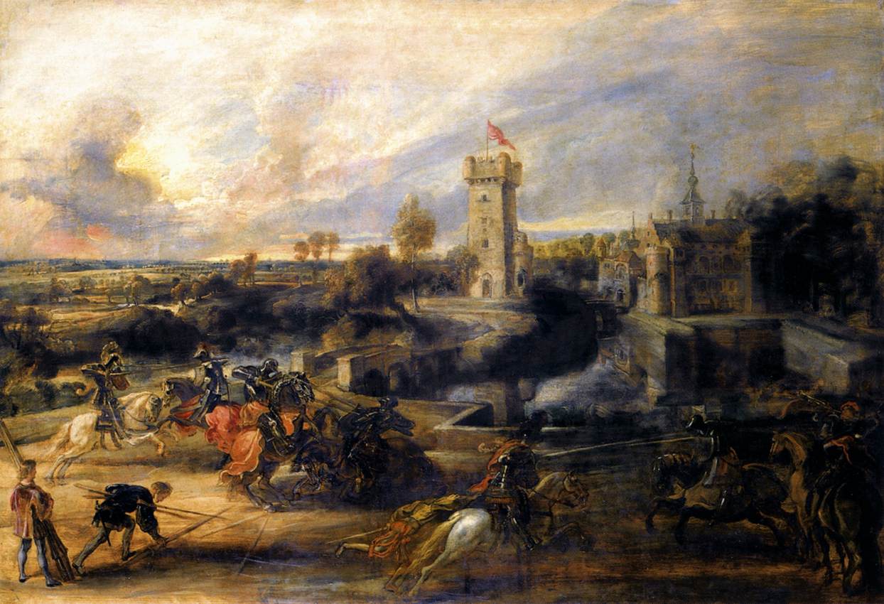 Wide Baroque painting by Peter Paul Rubens showing armored horsemen jousting in the foreground before the moated Castle Steen, with a tall tower flying a red flag, distant fields, trees, and a dramatic cloud-filled sky stretching across the landscape.