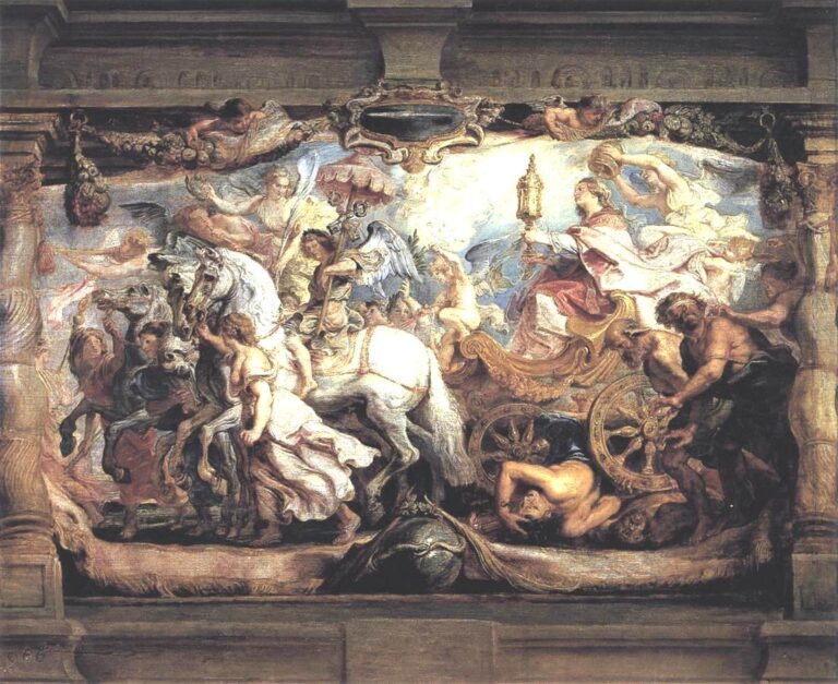 Allegorical Baroque scene by Peter Paul Rubens showing a serene female personification of the Church in a golden chariot holding a monstrance, drawn by rearing horses and surrounded by angels and putti, while the vices Fury, Discord, and Hate are crushed beneath the wheels within a grand stone frame.