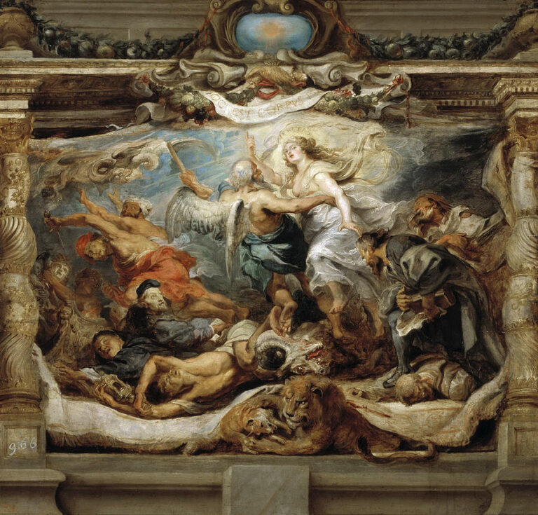 Baroque painting “Triumph of the Catholic Truth” by Peter Paul Rubens showing a radiant female figure in white lifted by an angel above tumbling and sleeping figures, framed by ornate architecture with lions resting at the bottom.