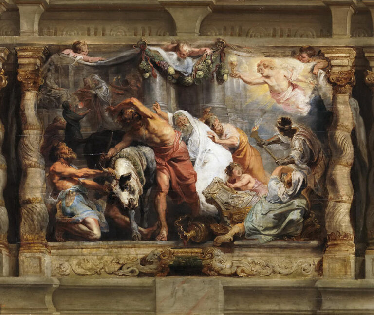 Baroque painting framed by illusionistic stone columns showing a chaotic pagan sacrifice with a bull on the left, a twisting central figure turning away, and on the right radiant angels and female figures presenting a glowing Eucharistic host as shattered idols and treasures lie scattered below.
