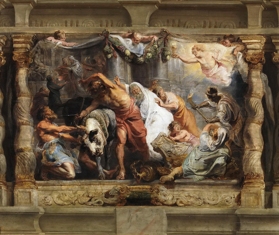 Baroque painting framed by illusionistic stone columns showing a chaotic pagan sacrifice with a bull on the left, a twisting central figure turning away, and on the right radiant angels and female figures presenting a glowing Eucharistic host as shattered idols and treasures lie scattered below.