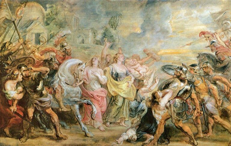 Wide Baroque painting by Peter Paul Rubens showing Roman and Sabine soldiers rushing toward each other with raised weapons while a group of women and children stand between them, arms outstretched under a glowing sky, bringing about a truce.