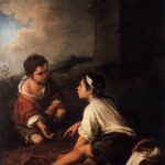 Baroque painting by Bartolomé Esteban Murillo showing two barefoot boys sitting on the ground playing dice on a cloth, with a basket of nuts and a dark wall behind them under a cloudy sky.