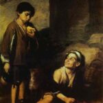 Oil painting of two poor boys in a dark corner: one barefoot boy sits on the ground smiling upward, while another stands holding a piece of fruit, both lit by warm golden light against a shadowy background.