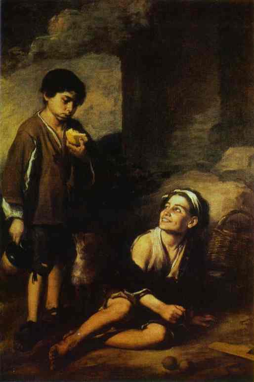 Oil painting of two poor boys in a dark corner: one barefoot boy sits on the ground smiling upward, while another stands holding a piece of fruit, both lit by warm golden light against a shadowy background.