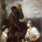Painting by Bartolomé Esteban Murillo showing three poor boys outdoors, one Black boy standing with a clay jug on his shoulder and hand extended, another boy kneeling with a loaf of bread, and a third seated on the ground smiling toward the viewer with jugs and a basket beside them.