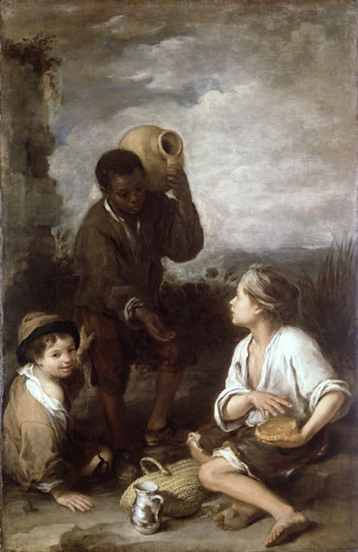 Painting by Bartolomé Esteban Murillo showing three poor boys outdoors, one Black boy standing with a clay jug on his shoulder and hand extended, another boy kneeling with a loaf of bread, and a third seated on the ground smiling toward the viewer with jugs and a basket beside them.