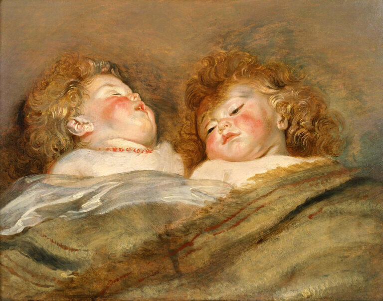 Painting “Two Sleeping Children” by Peter Paul Rubens showing two rosy-cheeked toddlers with curly blond hair sleeping side by side under soft brown-green blankets, their faces relaxed and glowing in warm light against a simple background.