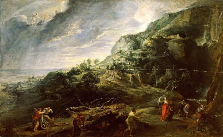 Expansive Baroque landscape by Peter Paul Rubens showing a storm-cleared sky over a terraced coastal city; at the lower right the naked, shipwrecked Ulysses approaches princess Nausicaa and her maidens near a river mouth, while roads, cliffs, and a bright harbor lead the eye toward refuge.