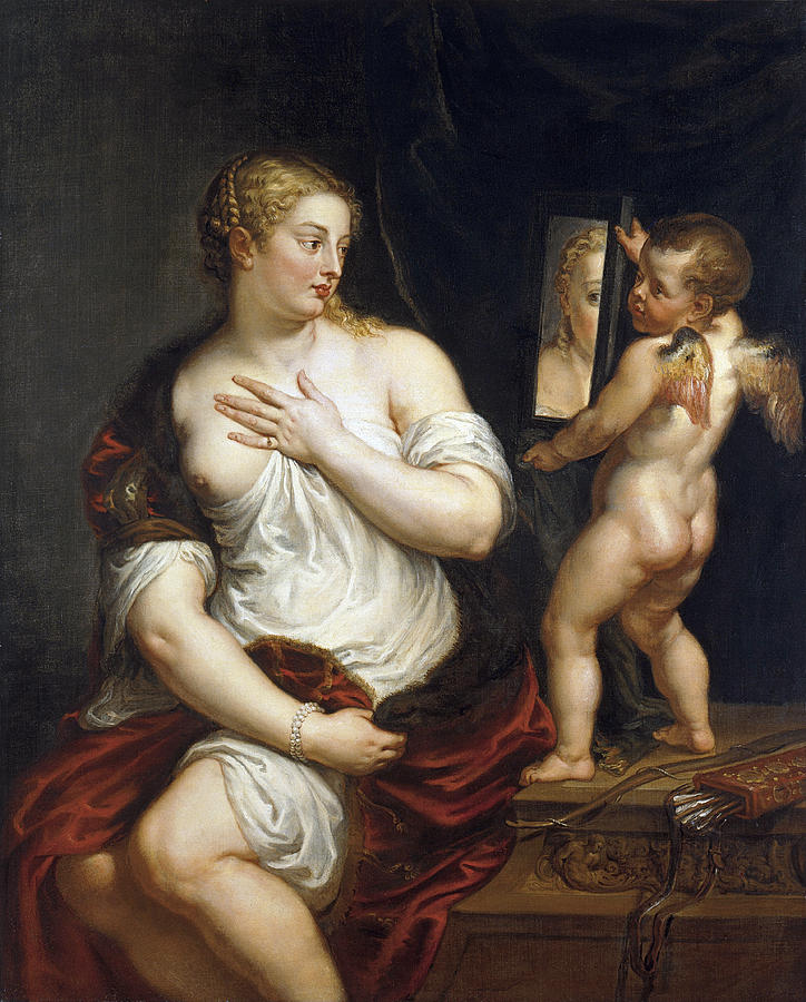 Baroque painting “Venus and Cupid” by Peter Paul Rubens showing a seated Venus in white drapery and red mantle turning toward Cupid, who holds a hand mirror reflecting her face; bow and quiver rest on a carved ledge against a dark curtain.