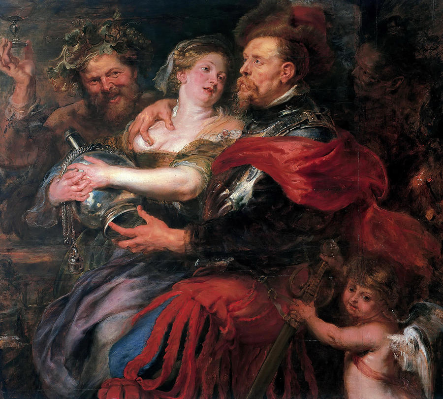 Baroque painting “Venus and Mars” by Peter Paul Rubens showing a voluptuous young woman in low-cut dress holding a large silver wine jug while a bearded man in armor embraces her, a vine-crowned reveler grins behind them, and a small winged Cupid tugs at Mars’s sword amid swirling red drapery and dark background.