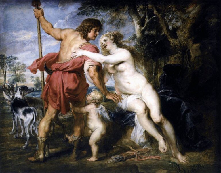 Baroque painting by Peter Paul Rubens showing the nude goddess Venus clinging to the muscular hunter Adonis as he strides forward with spear and dogs, while Cupid tugs at his leg, set in a wooded landscape under a partly cloudy sky.