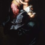 Painting by Murillo of the Virgin Mary seated in darkness, wearing rose and blue garments, holding the nude Christ Child in her arms as their faces rest cheek to cheek, softly illuminated against a deep black background.