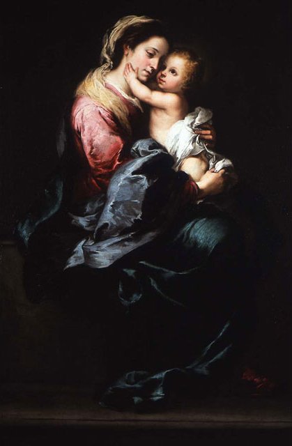 Painting by Murillo of the Virgin Mary seated in darkness, wearing rose and blue garments, holding the nude Christ Child in her arms as their faces rest cheek to cheek, softly illuminated against a deep black background.