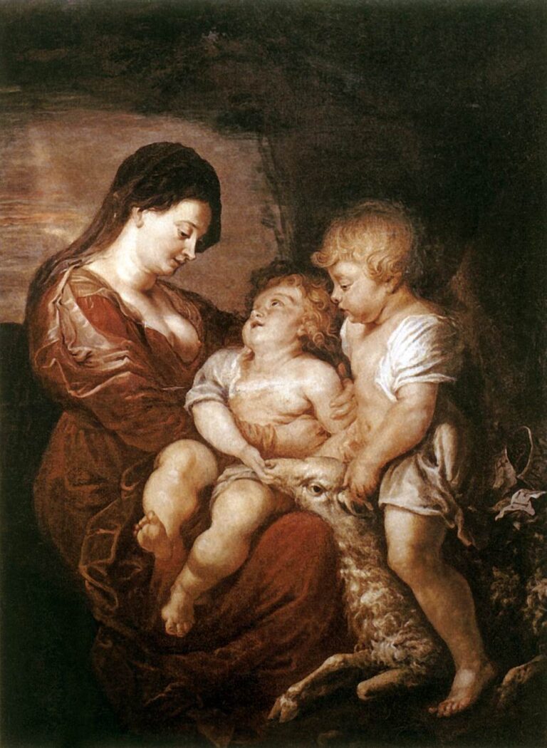 Painting by Peter Paul Rubens showing the Virgin Mary seated in a red robe with the Christ Child on her lap, the infant St. John standing beside them while guiding a small lamb toward Jesus in a warm, softly lit setting.